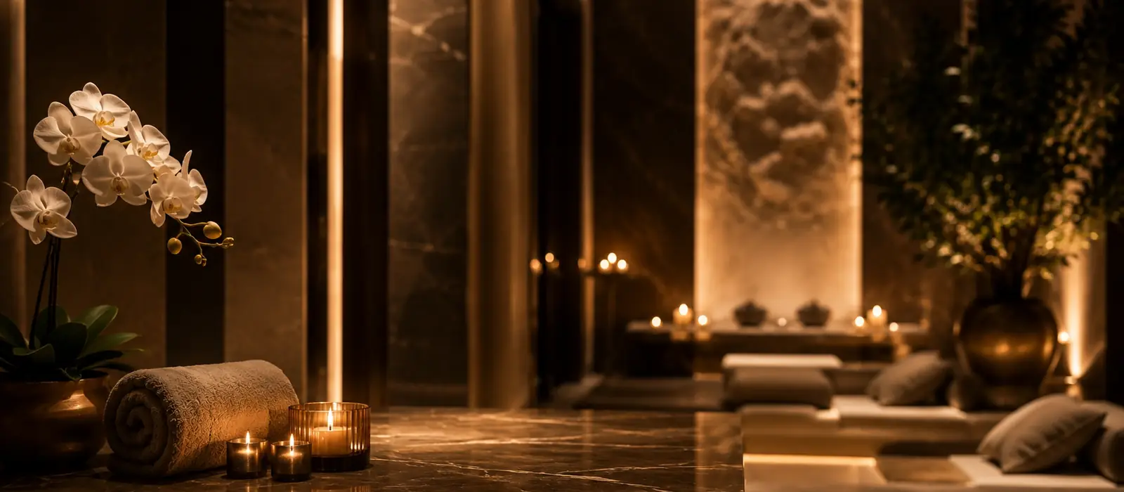 Candlelit spa interior at Impressive Spa, Dubai Marina